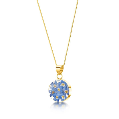 Gold-plated sterling silver round necklace with real forget me not flowers. Ideal gift for mum or nan - ScentiMelti Home Fragrance, Beauty & Gifts UK