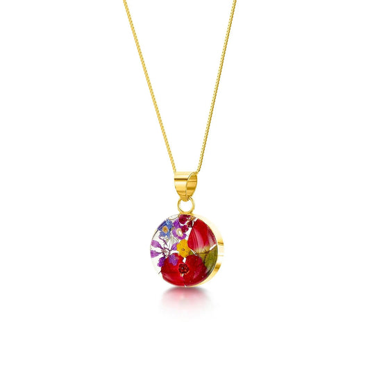 Gold-plated sterling silver round pendant necklace with real flowers.