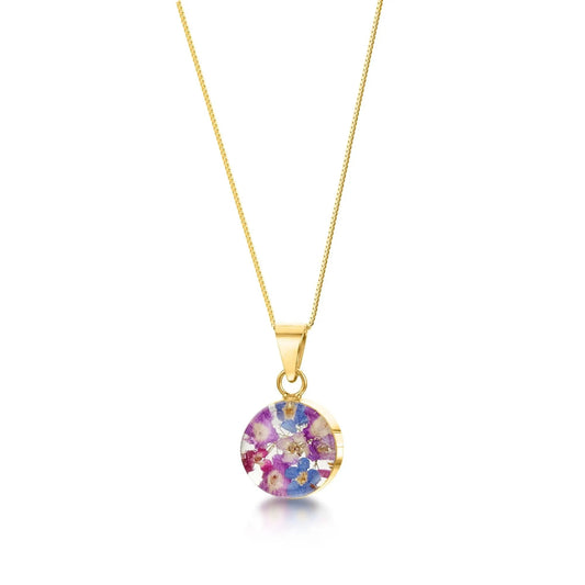 Gold-Plated Sterling Silver Round Pendant with Real Flowers - Purple Haze Collection - ScentiMelti Home Fragrance, Beauty & Gifts UK