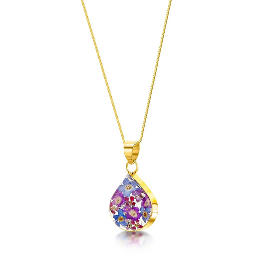 Flower jewellery by  Shrieking Violet® Gold-plated sterling silver teardrop pendant necklace with real flowers. Gift ideas for girlfriend or wife - ScentiMelti Home Fragrance, Beauty & Gifts UK