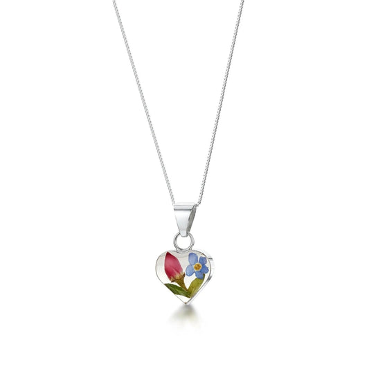 Sterling silver heart pendant with a real forget-me-not & miniature rose. Romantic valentine jewellery gift. - ScentiMelti Home Fragrance, Beauty & Gifts UK