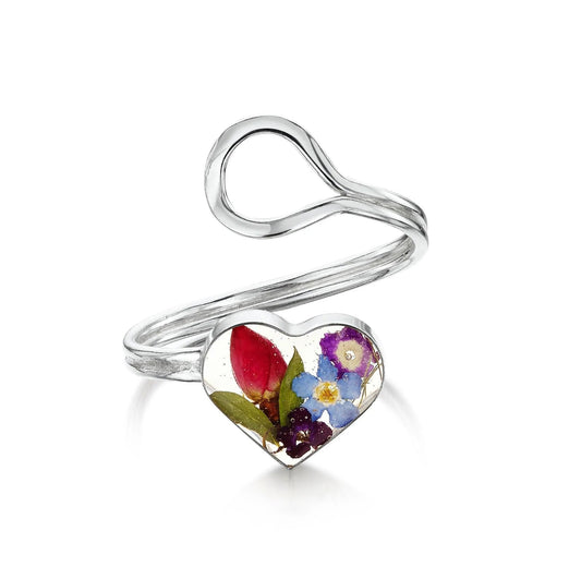 Flower ring by Shrieking Violet Sterling silver adjustable ring. Heart charm filled with tiny flowers including a  miniature rose & forget-me not - ScentiMelti Home Fragrance, Beauty & Gifts UK