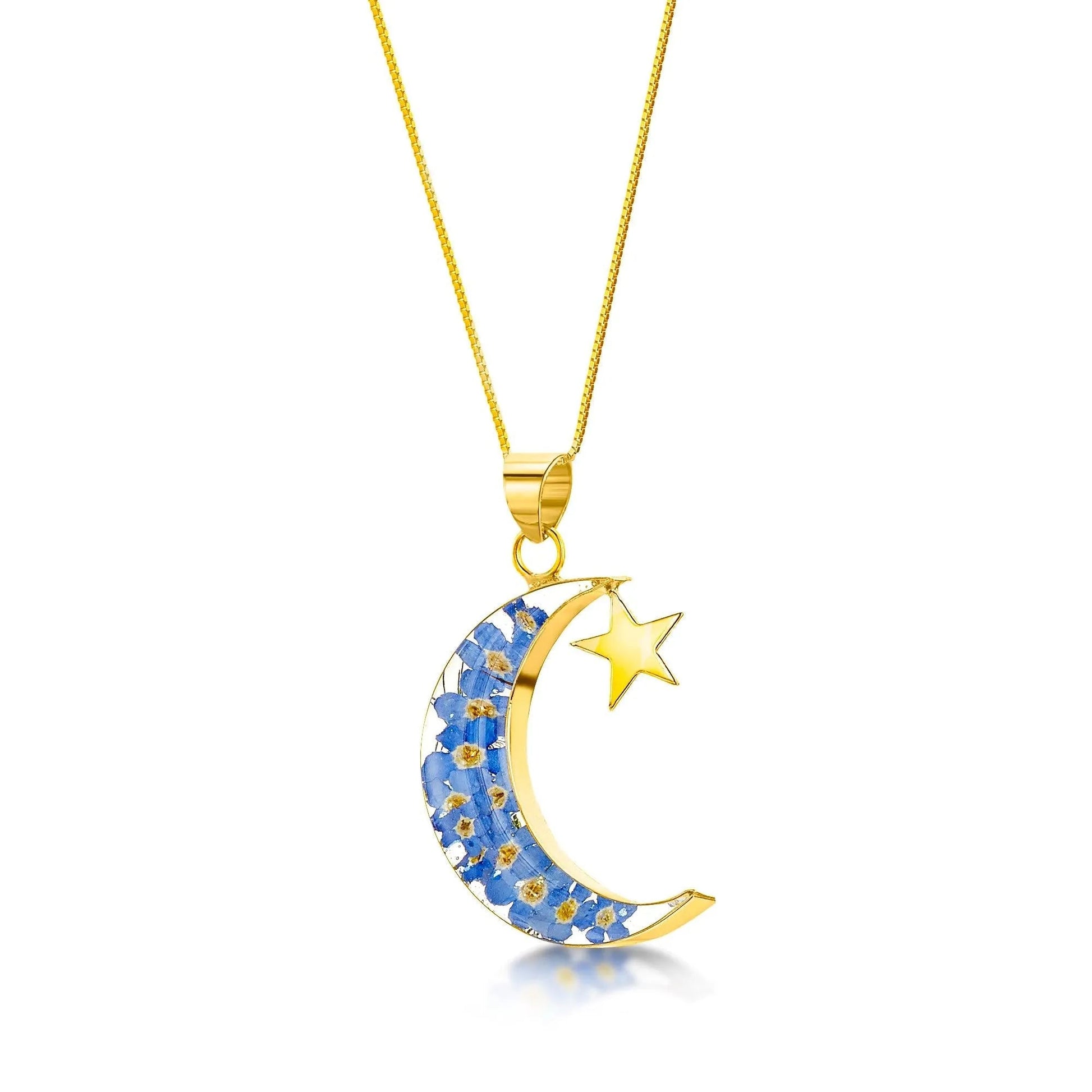 Gold-Plated Sterling Silver Moon & Star Pendant with Forget-Me-Nots - Adjustable Chain - ScentiMelti Home Fragrance, Beauty & Gifts UK