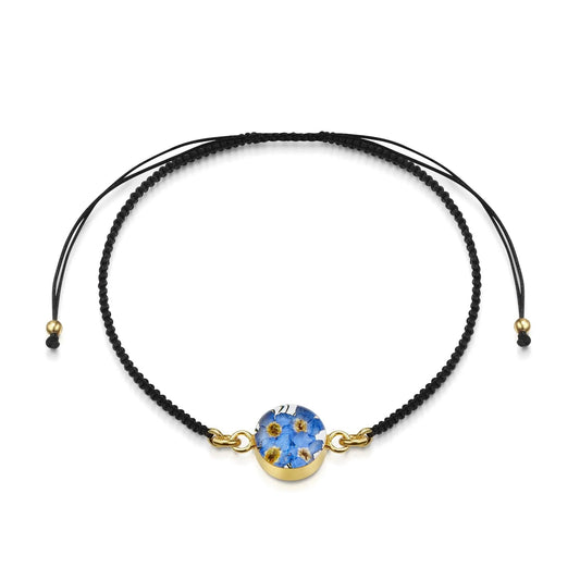 Gold plated black woven bracelet with flower charm - Forget-me-not - Round - ScentiMelti Home Fragrance, Beauty & Gifts UK