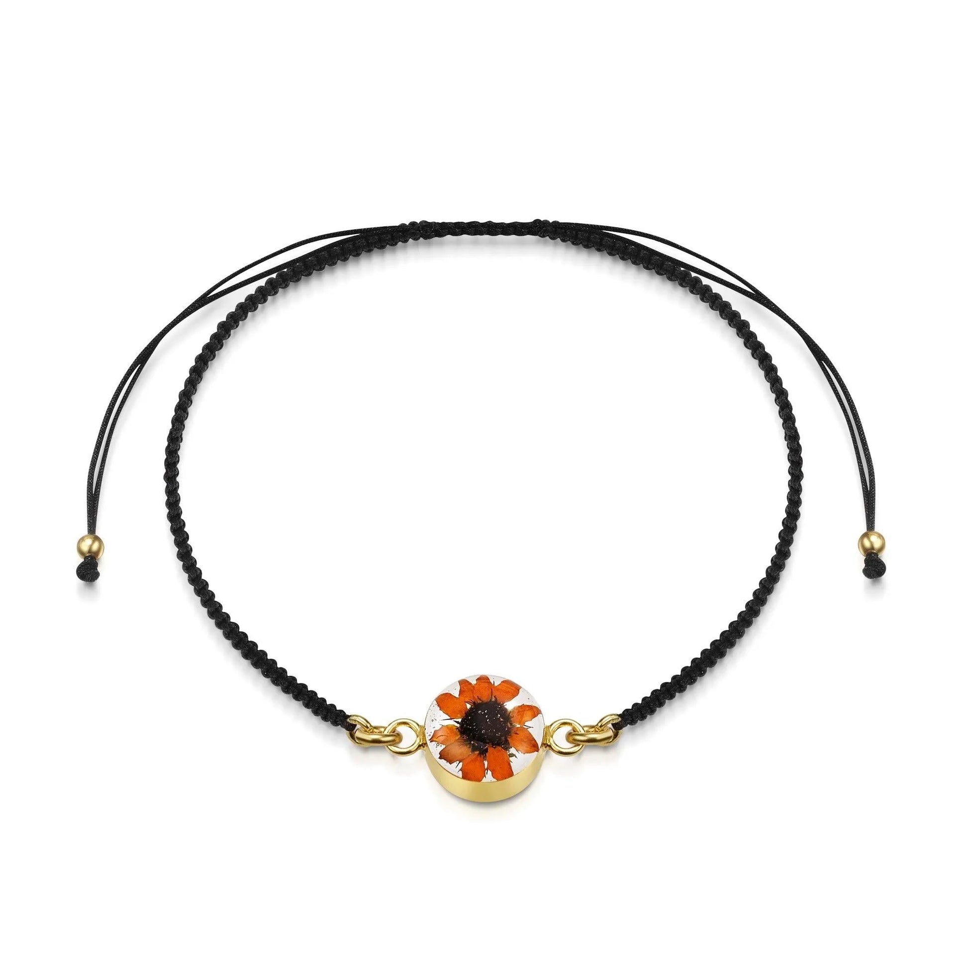 Gold plated black woven bracelet with flower charm - Sunflower - Round - ScentiMelti Home Fragrance, Beauty & Gifts UK