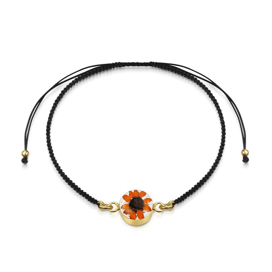 Gold plated black woven bracelet with flower charm - Sunflower - Round - ScentiMelti Home Fragrance, Beauty & Gifts UK