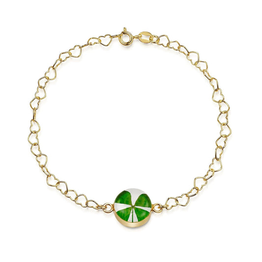 Gold plated Heart linked chain bracelet with flower charm - Clover - Round