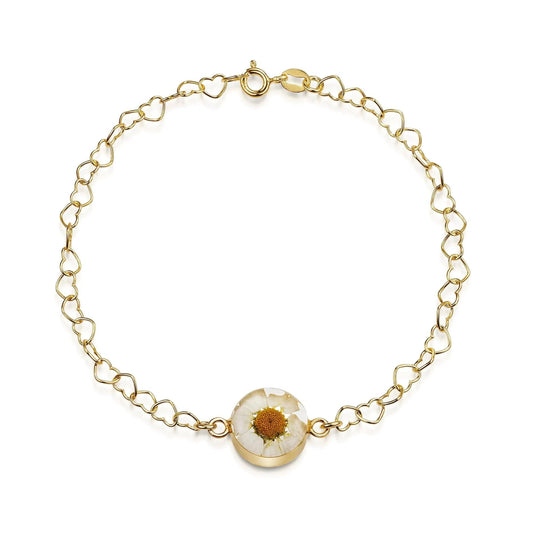 Gold plated Heart linked chain bracelet with flower charm - Daisy - Round