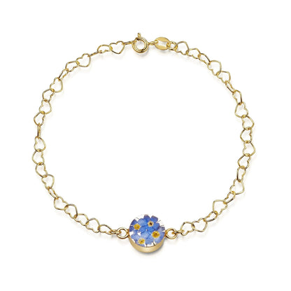 Gold plated Heart linked chain bracelet with flower charm - Forget-me-not - Round - ScentiMelti Home Fragrance, Beauty & Gifts UK