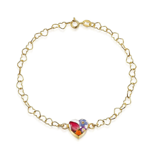 Gold plated Heart linked chain bracelet with flower charm - Mixed flower - Heart