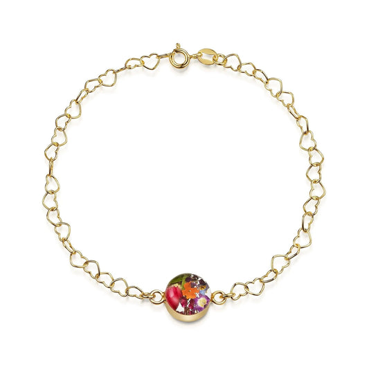 Gold plated Heart linked chain bracelet with flower charm - Mixed flower - Round