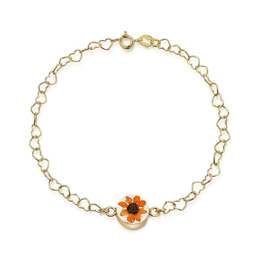 Gold plated Heart linked chain bracelet with flower charm - Sunflower - Round