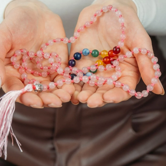 Rose Quartz 7 Chakra Pink Tassel Mala Necklace, Gem Stones 108 Bead Japa Mala, Mantra Prayer Yoga Bead Reiki Necklace, Rose Quartz - ScentiMelti Home Fragrance, Beauty & Gifts UK