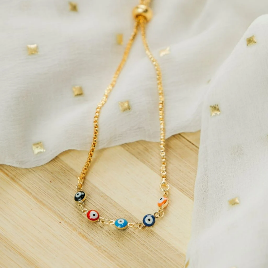 Multi-color Tiny Turkish Evil Eye Beaded Charm Adjustable Protection Bracelet The Colourful Aura ScentiMelti Wax Melts