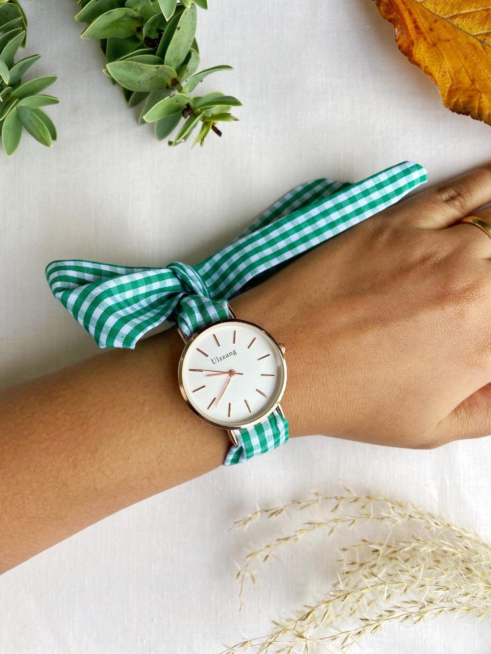 Green Plaid Cloth Changeable Cotton Tie Knot Strap Geneva Boho Wristwatch - ScentiMelti Home Fragrance, Beauty & Gifts UK