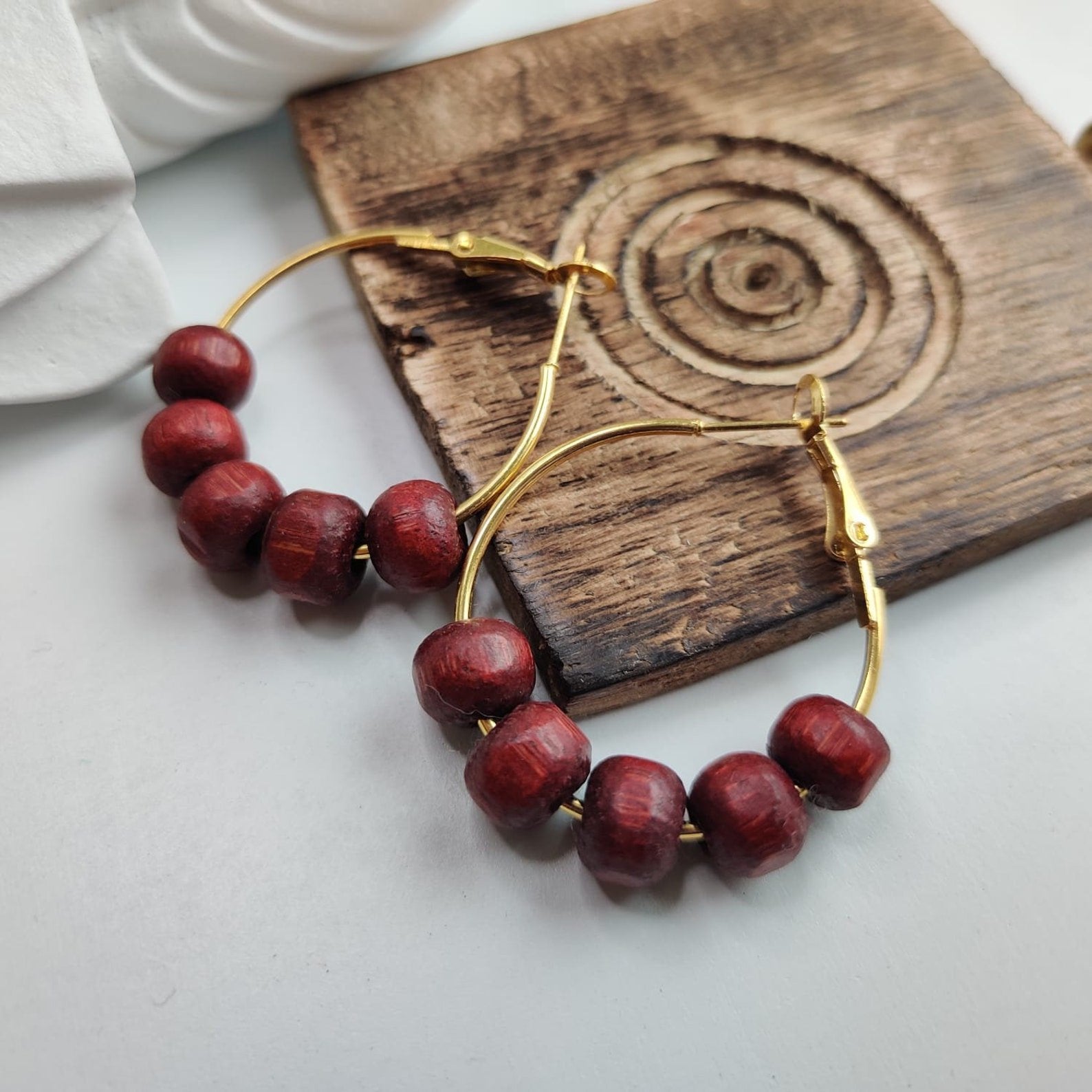 Red Sandalwood Beaded Huggie Dainty Hindu Asian Bali Boho Hoop Earring The Colourful Aura ScentiMelti Wax Melts