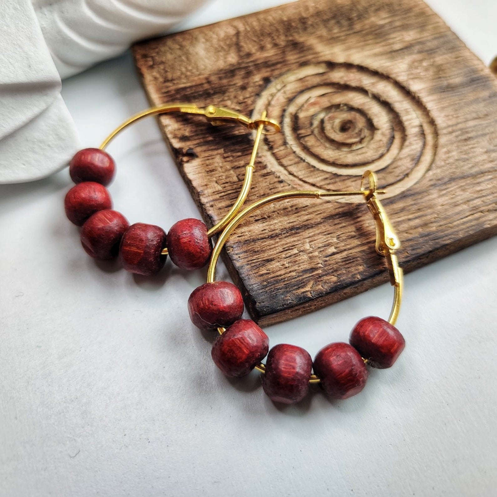 Red Sandalwood Beaded Huggie Dainty Hindu Asian Bali Boho Hoop Earring The Colourful Aura ScentiMelti Wax Melts