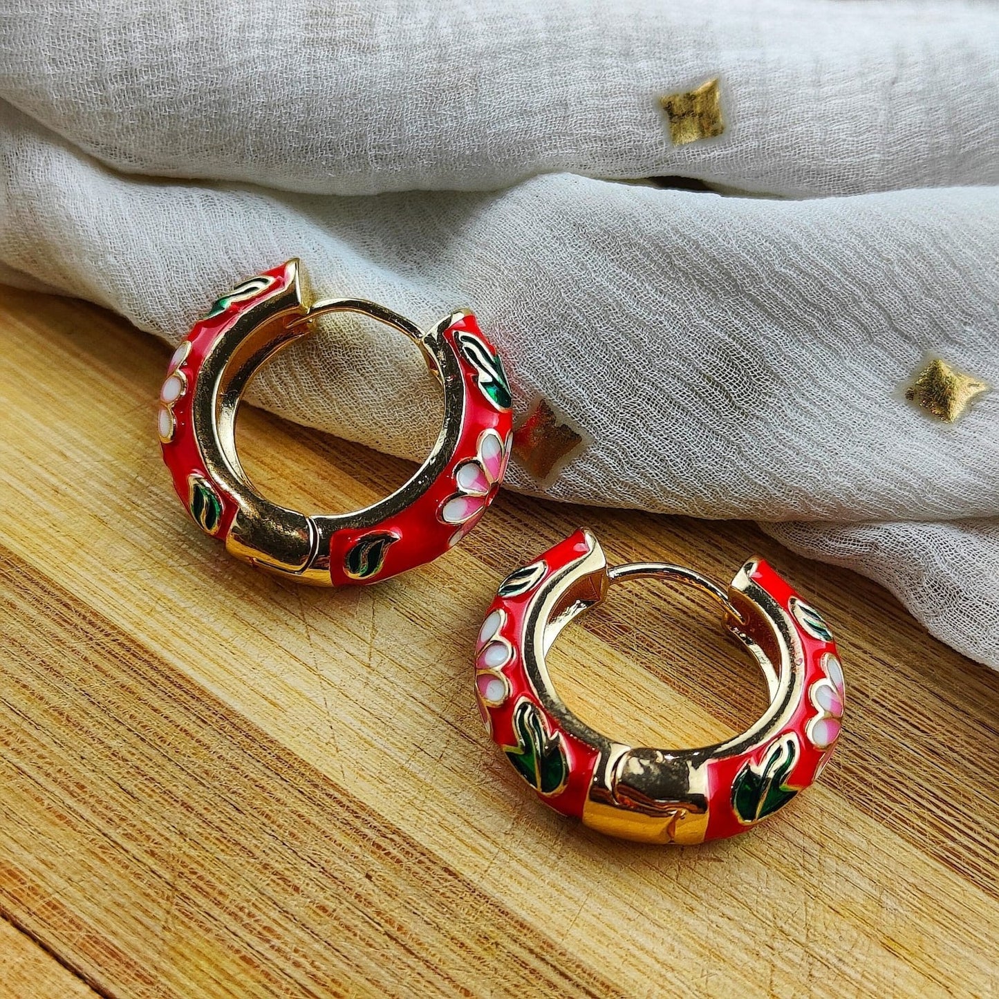 Gold Plated Large Red Floral Multicolour Dainty Enamel Huggie Hoop Earrings The Colourful Aura ScentiMelti Wax Melts