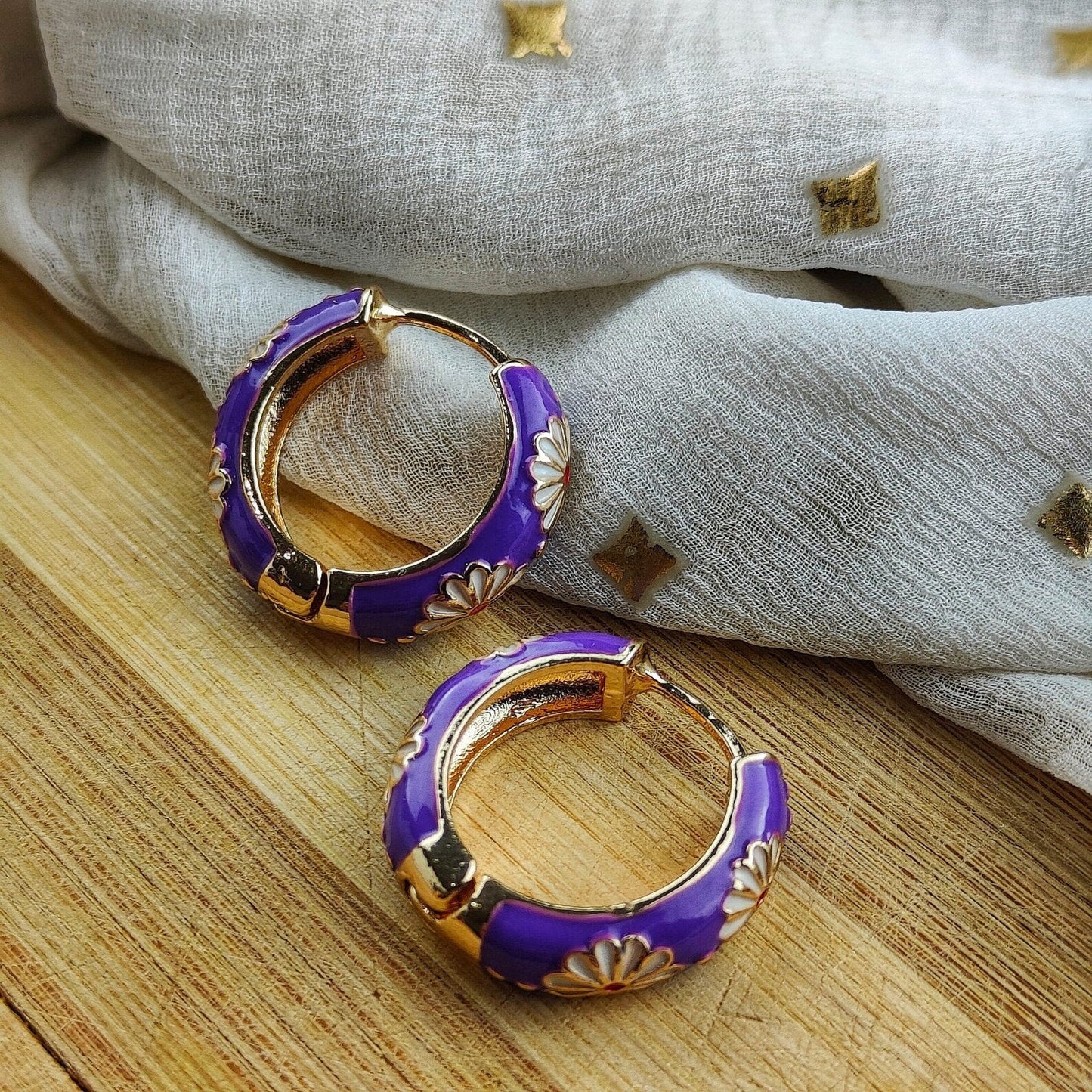 Gold Plated Large Diamond Multicolour Dainty Enamel Huggie Floral Hoop Earrings The Colourful Aura ScentiMelti Wax Melts