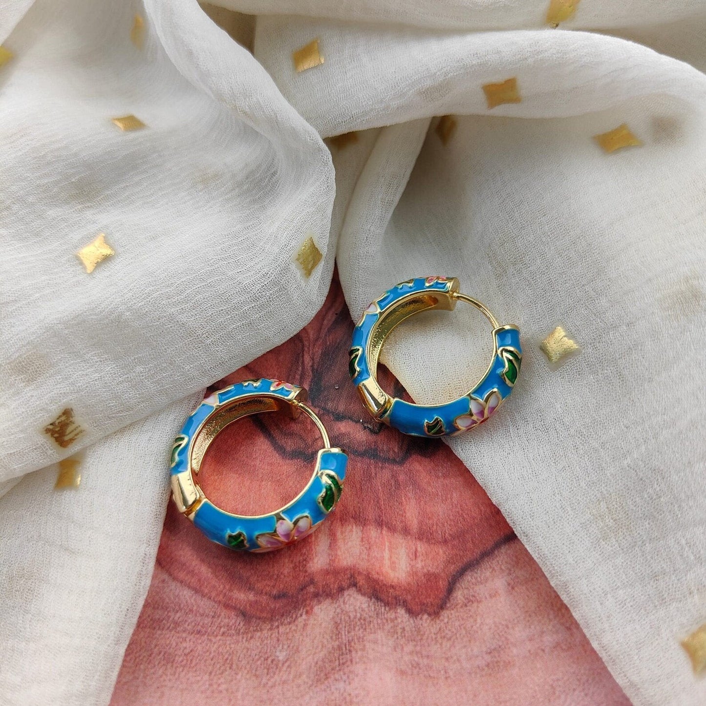 Gold Plated Large Diamond Multicolour Dainty Enamel Huggie Floral Hoop Earrings The Colourful Aura ScentiMelti Wax Melts