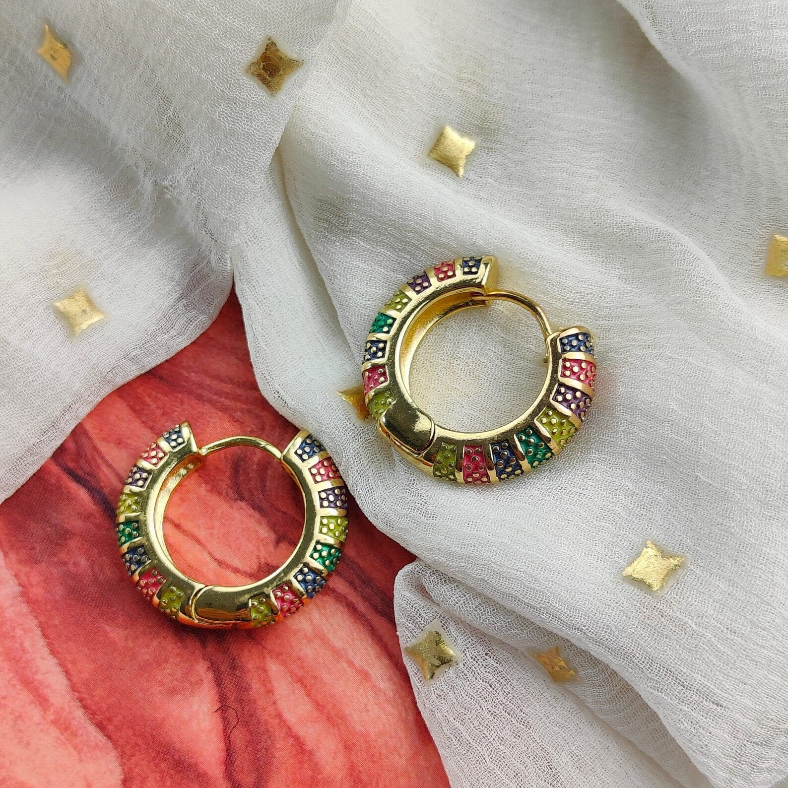 Gold Plated Large Diamond Multicolour Dainty Enamel Huggie Floral Hoop Earrings The Colourful Aura ScentiMelti Wax Melts