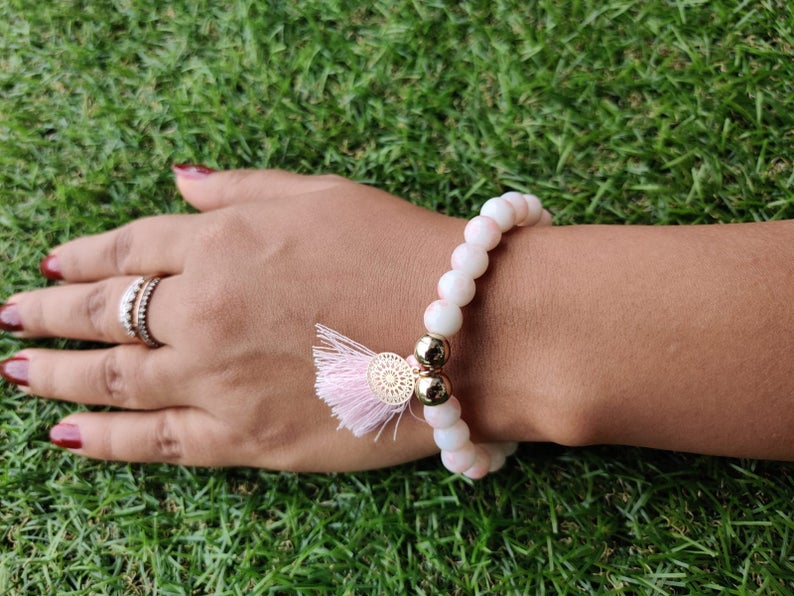 White Tender Pink Good Luck Charm Tassel Natural Boho Yoga Bracelet - ScentiMelti Home Fragrance, Beauty & Gifts UK