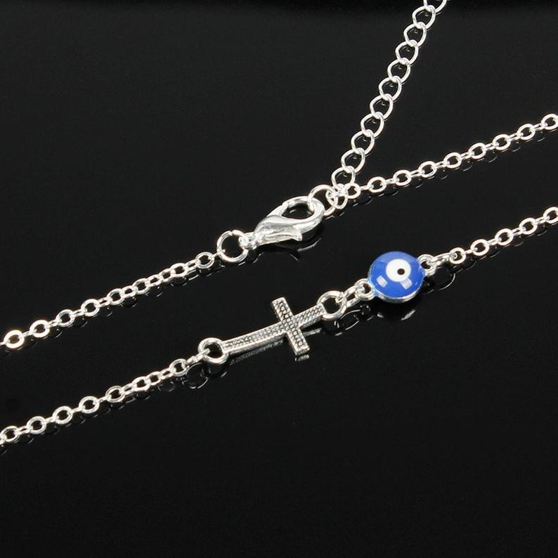 Blue Evil Eye Sideways Cross Christian Charm Minimalist Choker Dainty Necklace - ScentiMelti Home Fragrance, Beauty & Gifts UK