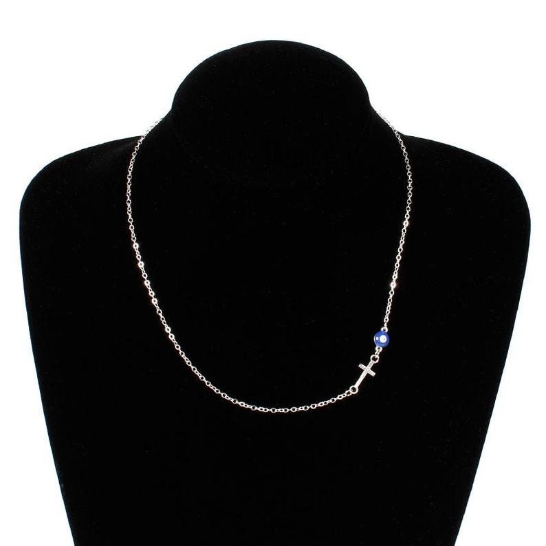 Blue Evil Eye Sideways Cross Christian Charm Minimalist Choker Dainty Necklace - ScentiMelti Home Fragrance, Beauty & Gifts UK