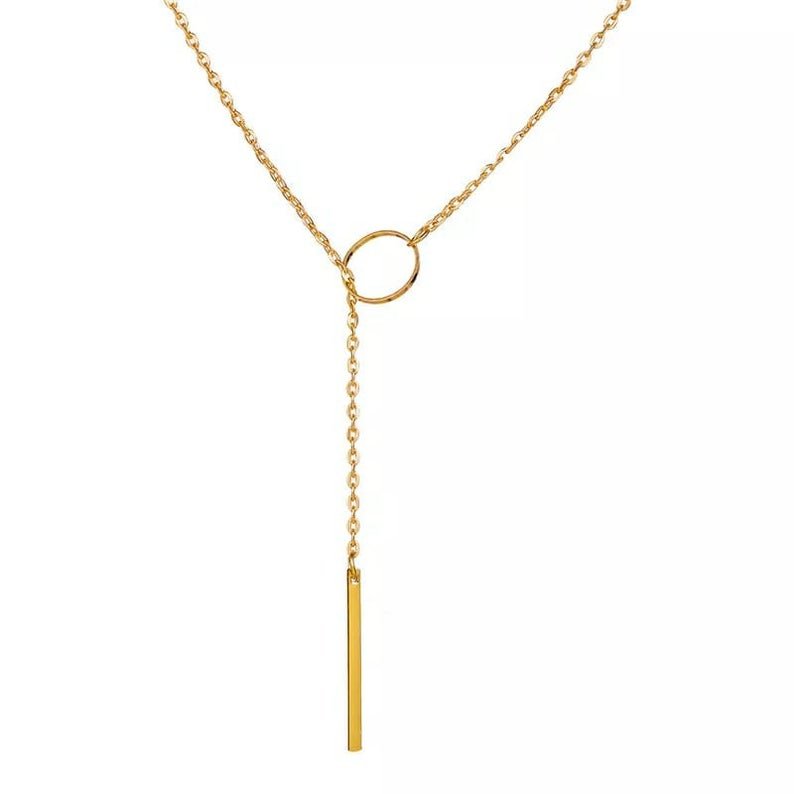 Gold Silver Single Long Slim Bar Drop Y Shape Circle Interlock Lariat Necklace - ScentiMelti Home Fragrance, Beauty & Gifts UK