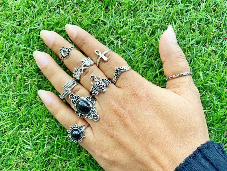 9 Piece Bohemian Stackable Beach Midi Tribal Vintage Ring Set - ScentiMelti Home Fragrance, Beauty & Gifts UK