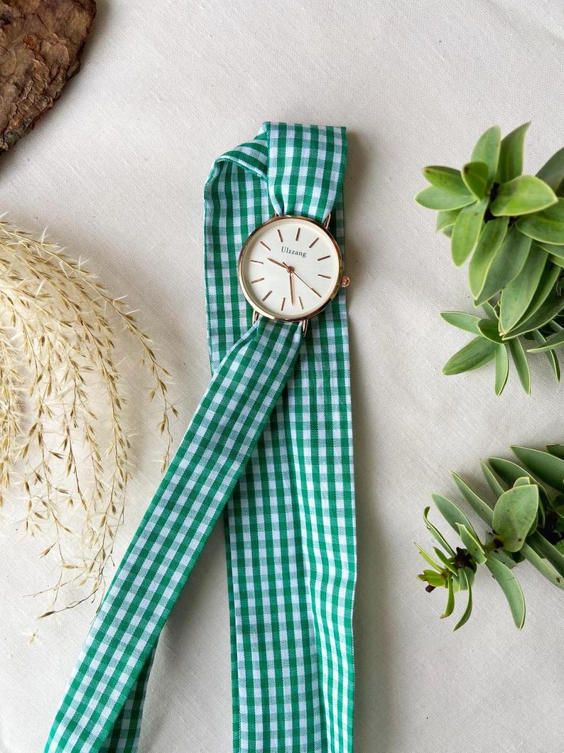 Green Plaid Cloth Changeable Cotton Tie Knot Strap Geneva Boho Wristwatch - ScentiMelti Home Fragrance, Beauty & Gifts UK