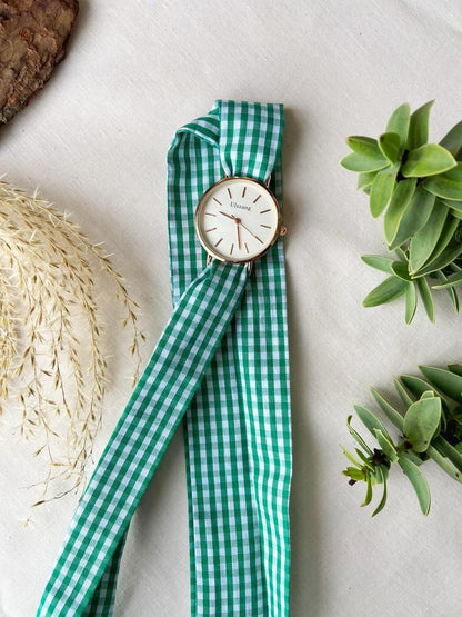 Green Plaid Cloth Changeable Cotton Tie Knot Strap Geneva Boho Wristwatch - ScentiMelti Home Fragrance, Beauty & Gifts UK