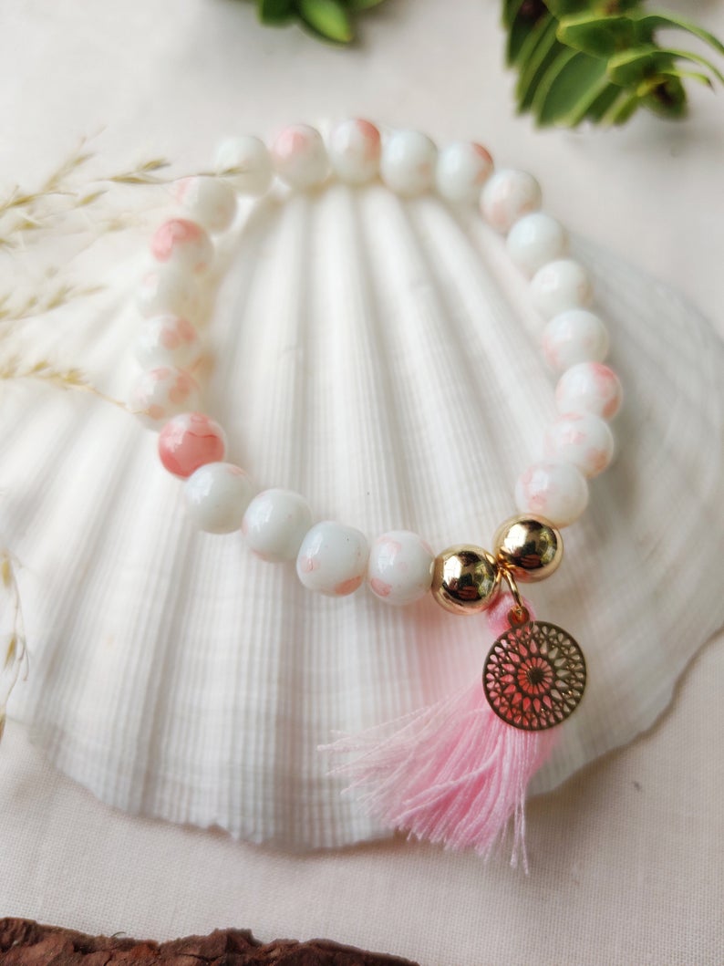 White Tender Pink Good Luck Charm Tassel Natural Boho Yoga Bracelet - ScentiMelti Home Fragrance, Beauty & Gifts UK