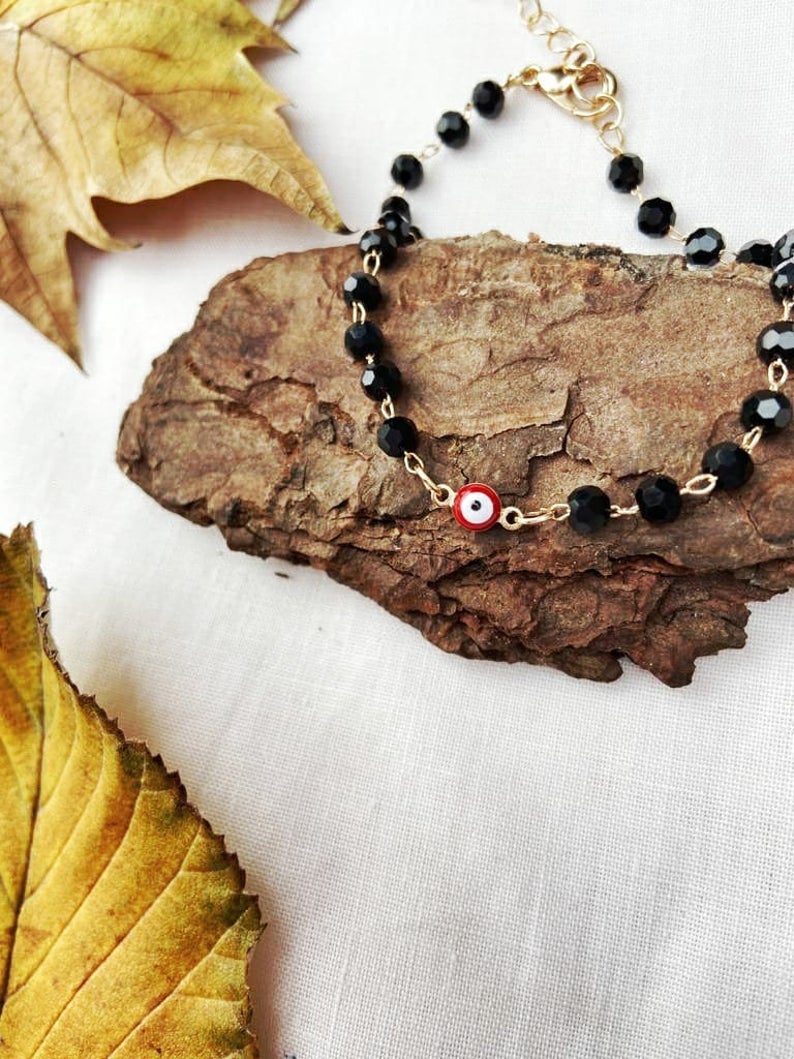 Gold Plated Evil Eye Charm Mangalsutra Black Beaded Indian Nazar Bracelet - ScentiMelti Home Fragrance, Beauty & Gifts UK