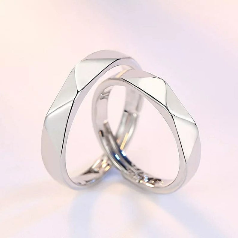 Plain Angle Cut Silver Adjustable Couple Promise Matching Ring set - ScentiMelti Home Fragrance, Beauty & Gifts UK