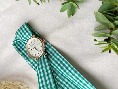 Green Plaid Cloth Changeable Cotton Tie Knot Strap Geneva Boho Wristwatch - ScentiMelti Home Fragrance, Beauty & Gifts UK