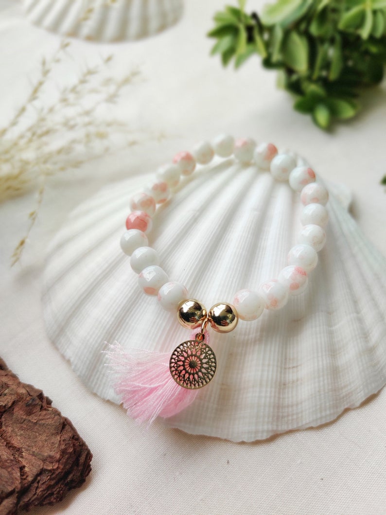 White Tender Pink Good Luck Charm Tassel Natural Boho Yoga Bracelet - ScentiMelti Home Fragrance, Beauty & Gifts UK