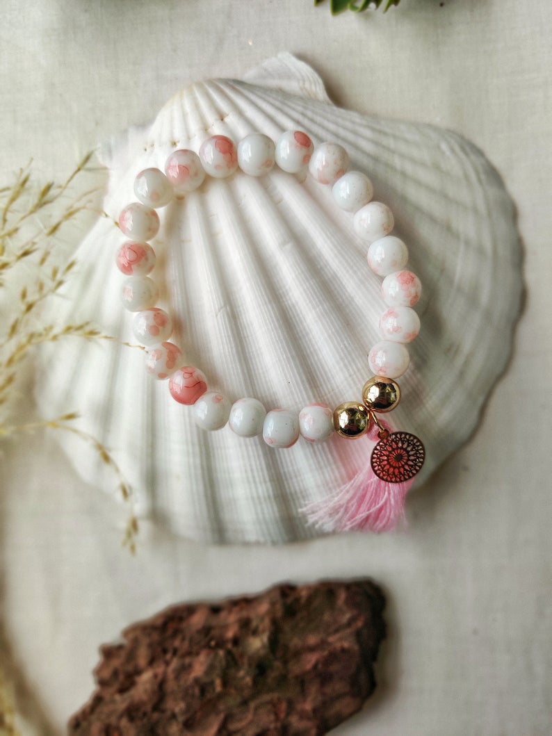 White Tender Pink Good Luck Charm Tassel Natural Boho Yoga Bracelet - ScentiMelti Home Fragrance, Beauty & Gifts UK