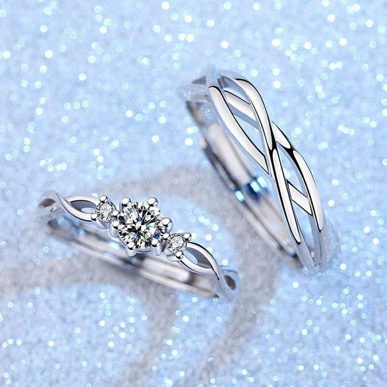 Adjustable Silver Couple Promise Braid Zircon Matching Ring set - ScentiMelti Home Fragrance, Beauty & Gifts UK