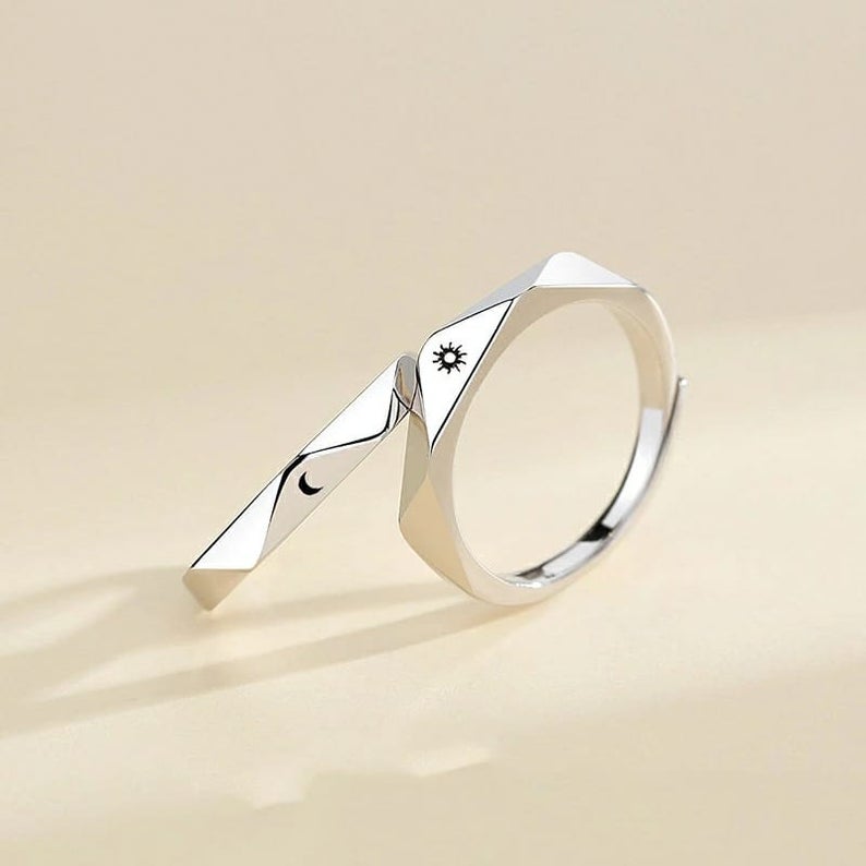 Silver Angle Cut Couple Moon and Sun Promise Adjustable Ring set - ScentiMelti Home Fragrance, Beauty & Gifts UK