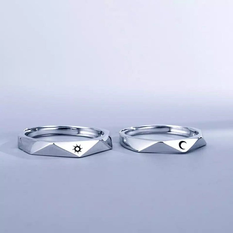 Silver Angle Cut Couple Moon and Sun Promise Adjustable Ring set - ScentiMelti Home Fragrance, Beauty & Gifts UK