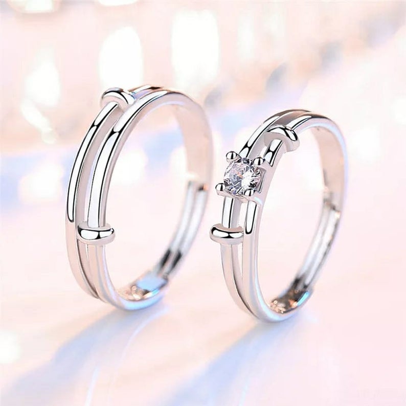 Adjustable Silver his and hers Zircon Promise Striped Ring set - ScentiMelti Home Fragrance, Beauty & Gifts UK