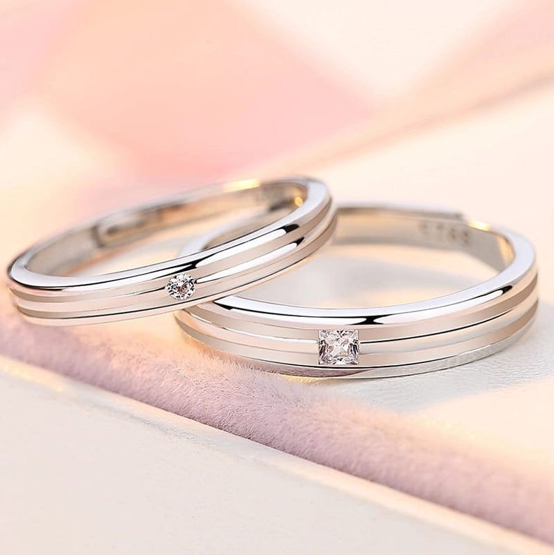 Silver Couple Promise Parallel lines Single Zircon Matching Rings - ScentiMelti Home Fragrance, Beauty & Gifts UK