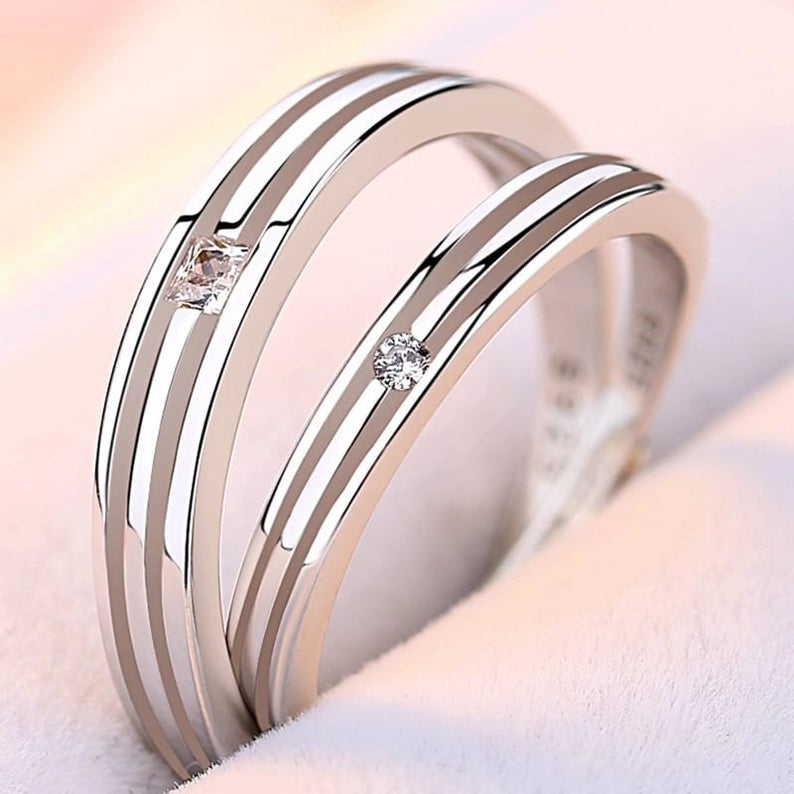 Silver Couple Promise Parallel lines Single Zircon Matching Rings - ScentiMelti Home Fragrance, Beauty & Gifts UK