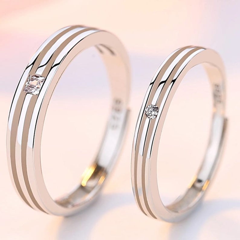 Silver Couple Promise Parallel lines Single Zircon Matching Rings - ScentiMelti Home Fragrance, Beauty & Gifts UK