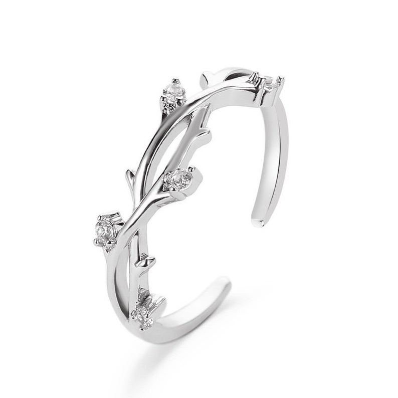 Silver Adjustable Delicate Dainty Zircon Leaf Ring - ScentiMelti Home Fragrance, Beauty & Gifts UK