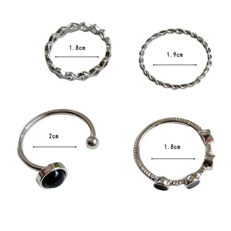 4 Piece Silver Black Stone  Stacking Dainty Open Knuckle Ring set - ScentiMelti Home Fragrance, Beauty & Gifts UK