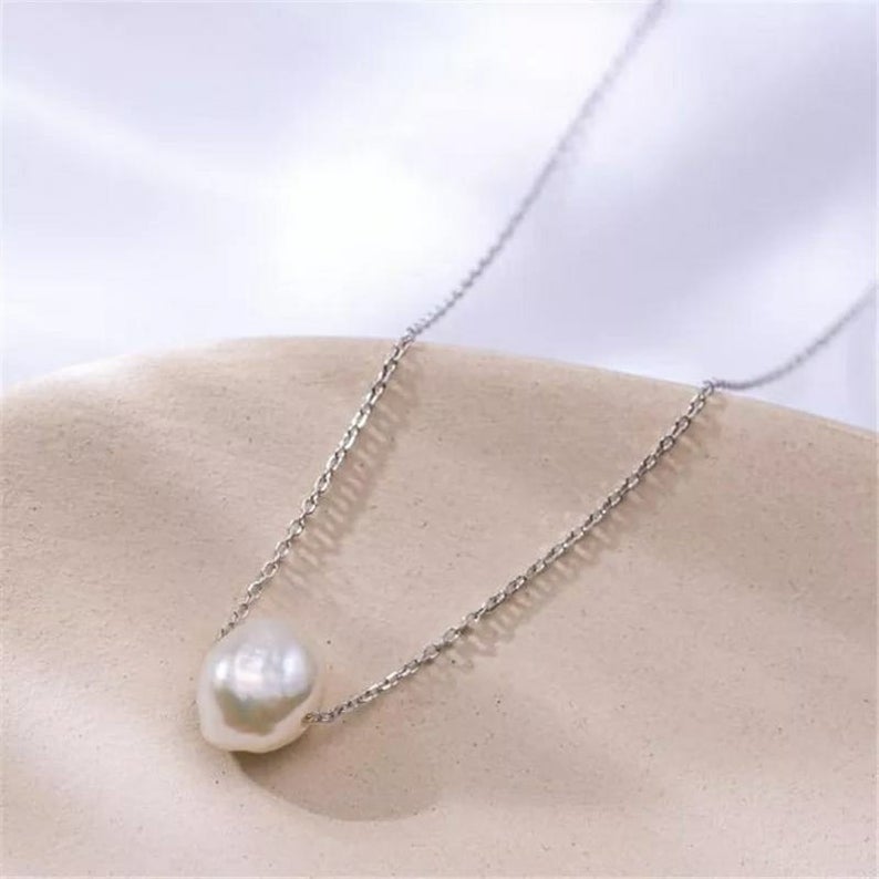 Gold Silver Plated Single White Pearl Minimalist Floating Pendant Necklace - ScentiMelti Home Fragrance, Beauty & Gifts UK