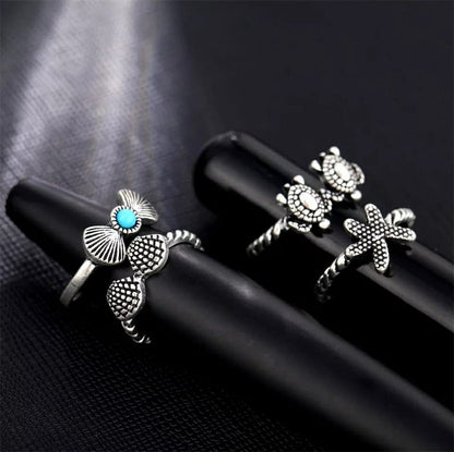 4 Piece Stackable Bohemian Starfish Turtle Beach Midi Retro Rings - ScentiMelti Home Fragrance, Beauty & Gifts UK