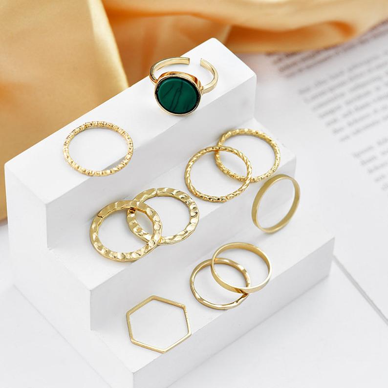 10 Pieces Silver Stackable Green Stone Retro Multi Finger Boho Ring Set - ScentiMelti Home Fragrance, Beauty & Gifts UK